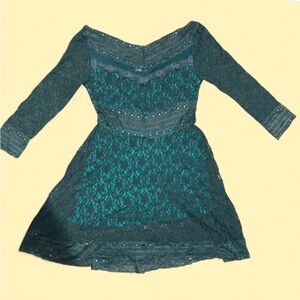Carapace Teal & Dark Green Lace Fit & Flare Dress Size M